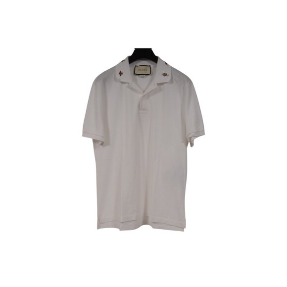 Gucci Mens Embroiderd Butterfly Snake Polo Size Large White Cotton Gold Applique